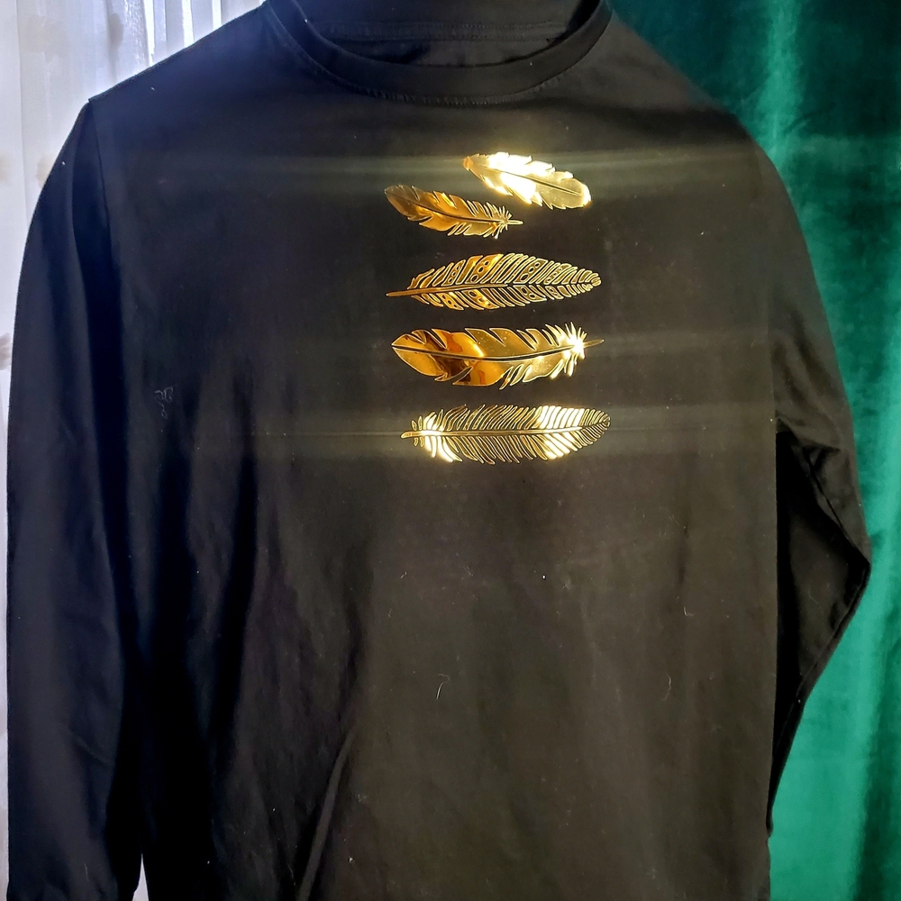 Black Long Sleeve Shirt with Gold Feather Design